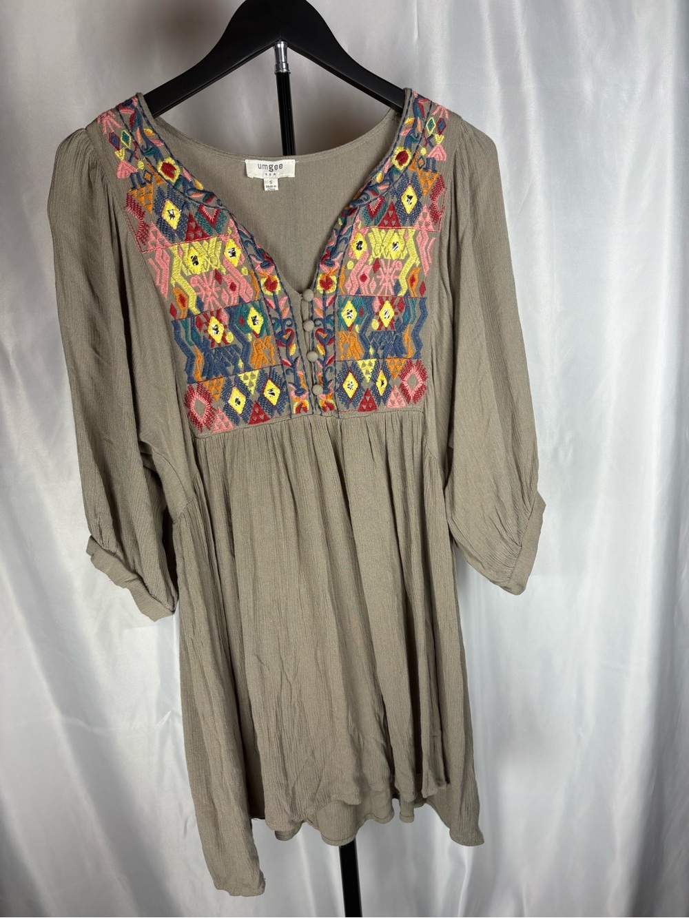 Umgee Womens Small Boho Embroidered Tunic Dress Olive Green 3/4 Sleeve